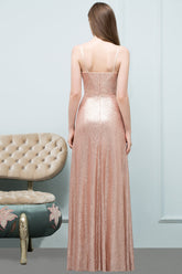 Chic V-Neck Spaghetti-Straps Sequined Long Bridesmaid Dresses Affordable-27dress